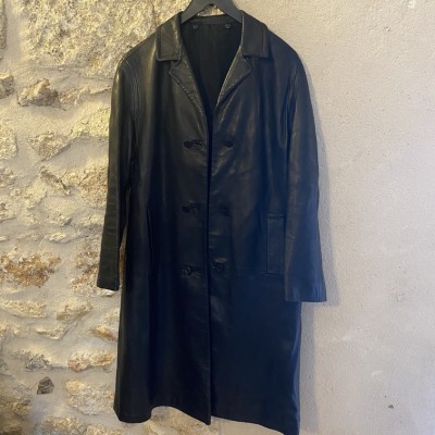 Veste longue en cuir Vintage noire T...